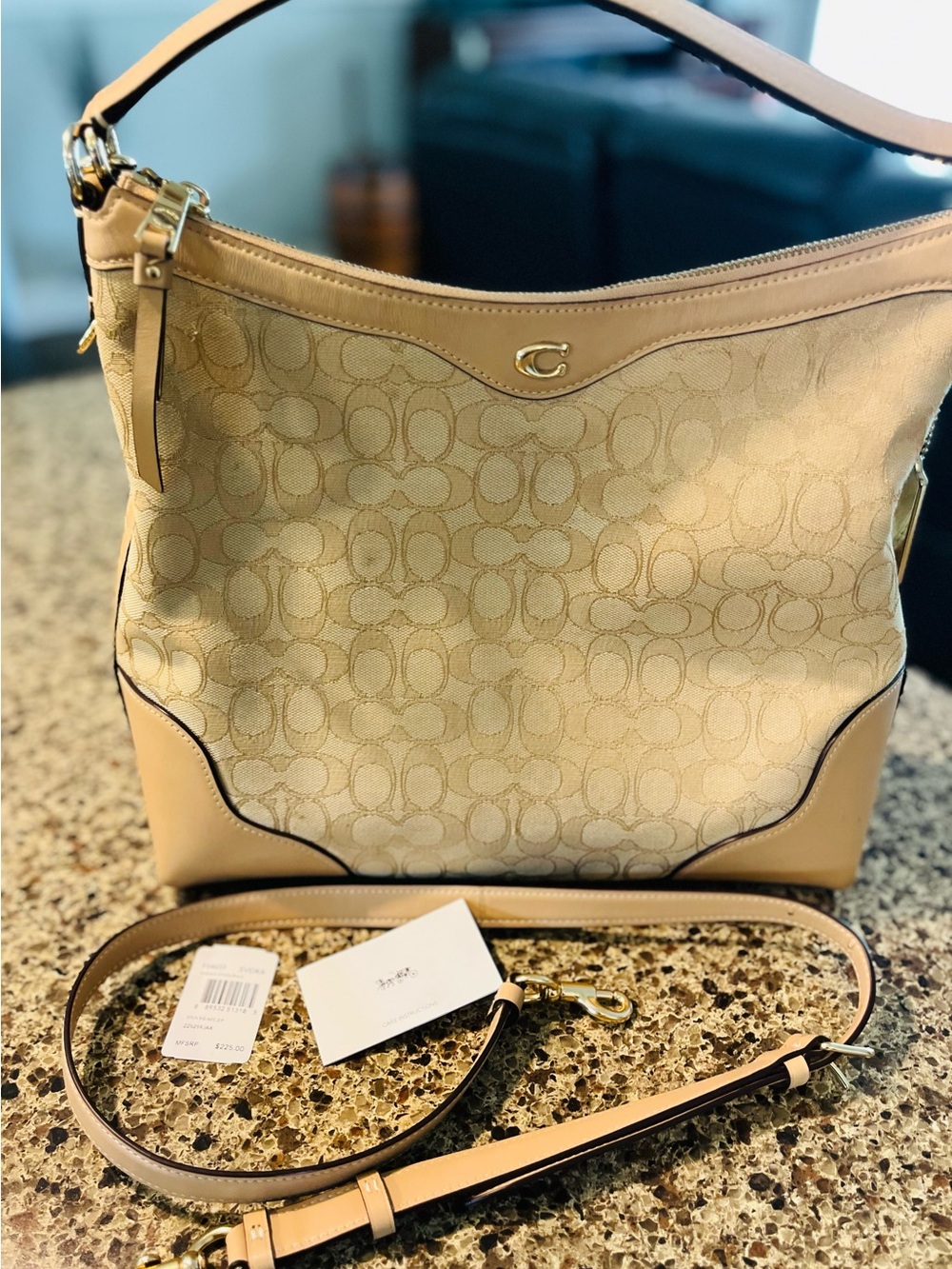 Coach Signature Canvas Hobo Shoulder Bag in Beige and Tan